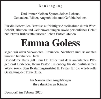 Traueranzeige von Emma Goless  von Magdeburger Volksstimme