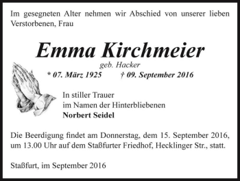 Traueranzeige von Emma Kirchmeier (geb. Hacker)  von Magdeburger Volksstimme