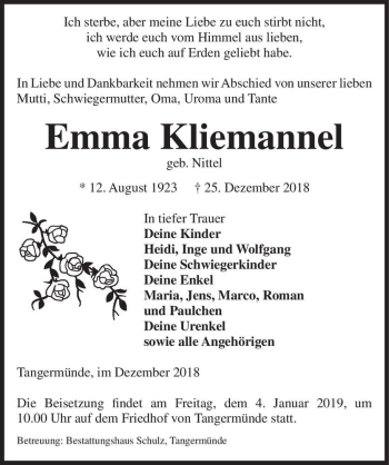 Traueranzeige von Emma Kliemannel (geb. Nittel)  von Magdeburger Volksstimme