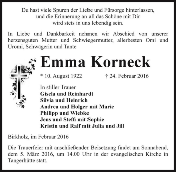 Traueranzeige von Emma Korneck  von Magdeburger Volksstimme