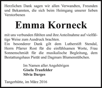 Traueranzeige von Emma Korneck  von Magdeburger Volksstimme