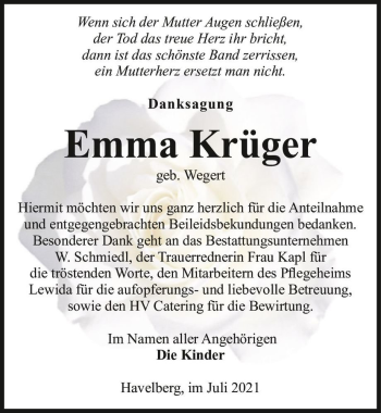 Traueranzeige von Emma Krüger (geb. Wegert)  von Magdeburger Volksstimme