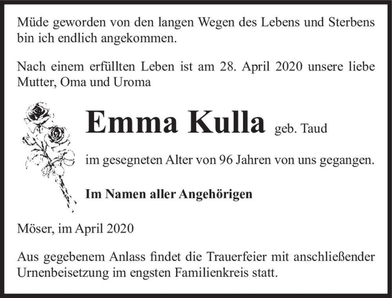  Traueranzeige für Emma Kulla (geb. Taud)  vom 09.05.2020 aus Magdeburger Volksstimme