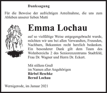Traueranzeige von Emma Lochau  von Magdeburger Volksstimme