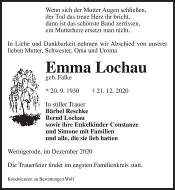 Traueranzeige von Emma Lochau (geb. Falke)  von Magdeburger Volksstimme
