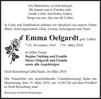 Traueranzeige von Emma Oelgardt (geb. Luther)  von Magdeburger Volksstimme