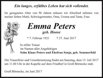 Traueranzeige von Emma Peters (geb. Hoose)  von Magdeburger Volksstimme