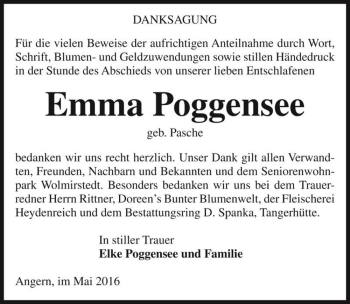 Traueranzeige von Emma Poggensee (geb. Pasche)  von Magdeburger Volksstimme