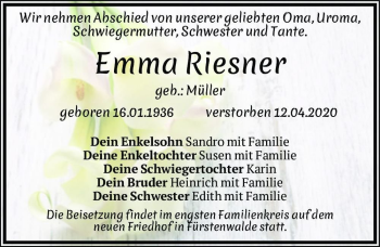 Traueranzeige von Emma Riesner (geb. Müller)  von Magdeburger Volksstimme