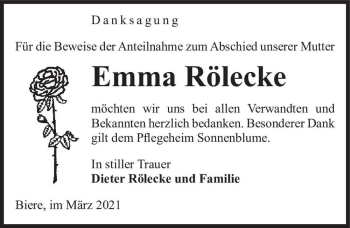 Traueranzeige von Emma Rölecke  von Magdeburger Volksstimme