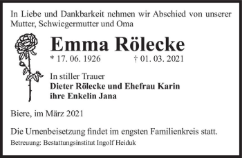 Traueranzeige von Emma Rölecke  von Magdeburger Volksstimme