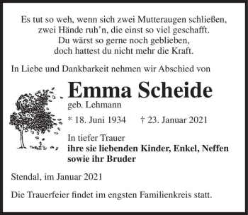 Traueranzeige von Emma Scheide (geb. Lehmann)  von Magdeburger Volksstimme