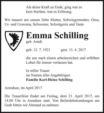Traueranzeige von Emma Schilling (geb. Arndt)  von Magdeburger Volksstimme