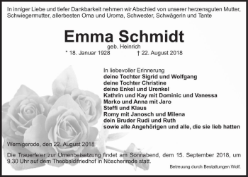Traueranzeige von Emma Schmidt (geb. Heinrich)  von Magdeburger Volksstimme