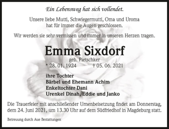 Traueranzeige von Emma Sixdorf (geb. Pietschker)  von Magdeburger Volksstimme