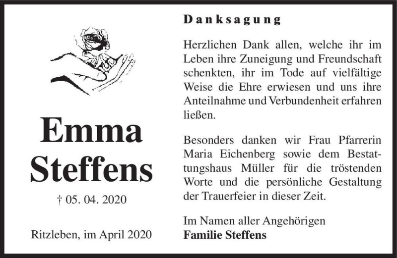  Traueranzeige für Emma Steffens  vom 05.05.2020 aus Magdeburger Volksstimme