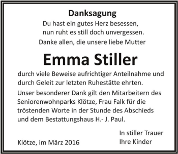 Traueranzeige von Emma Stiller  von Magdeburger Volksstimme