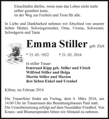 Traueranzeige von Emma Stiller (geb. Zich)  von Magdeburger Volksstimme