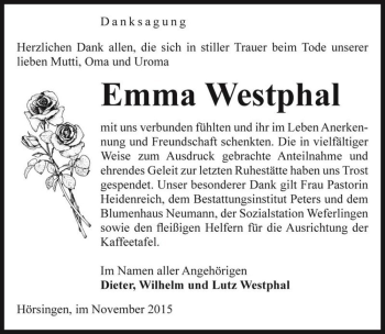 Traueranzeige von Emma Westphal  von Magdeburger Volksstimme