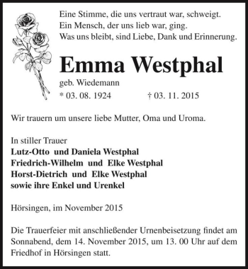 Traueranzeige von Emma Westphal (geb. Wiedemann)  von Magdeburger Volksstimme