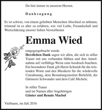 Traueranzeige von Emma Wied  von Magdeburger Volksstimme