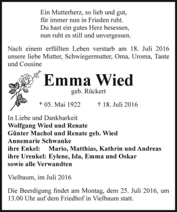 Traueranzeige von Emma Wied (geb. Rückert)  von Magdeburger Volksstimme