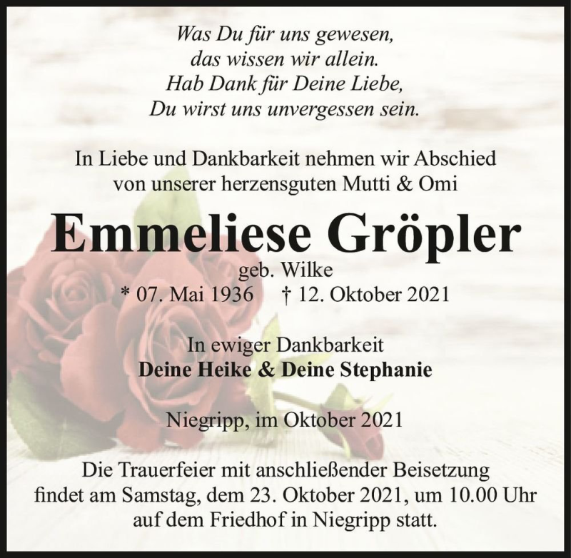  Traueranzeige für Emmeliese Gröpler (geb. Wilke)  vom 16.10.2021 aus Magdeburger Volksstimme