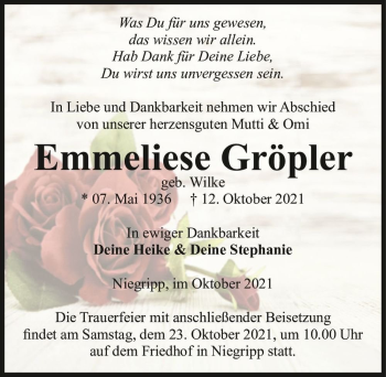 Traueranzeige von Emmeliese Gröpler (geb. Wilke)  von Magdeburger Volksstimme