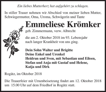 Traueranzeige von Emmeliese Krömker (geb. Zimmermann, verw. Albrecht)  von Magdeburger Volksstimme