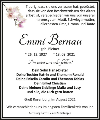 Traueranzeige von Emmi Bernau (geb. Bleiner)  von Magdeburger Volksstimme