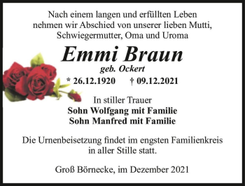 Traueranzeige von Emmi Braun (geb. Ockert)  von Magdeburger Volksstimme
