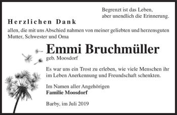 Traueranzeige von Emmi Bruchmüller (geb. Moosdorf)  von Magdeburger Volksstimme