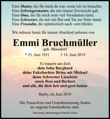 Traueranzeige von Emmi Bruchmüller (geb. Moosdorf)  von Magdeburger Volksstimme