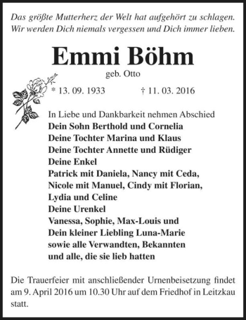 Traueranzeige von Emmi Böhm (geb. Otto)  von Magdeburger Volksstimme