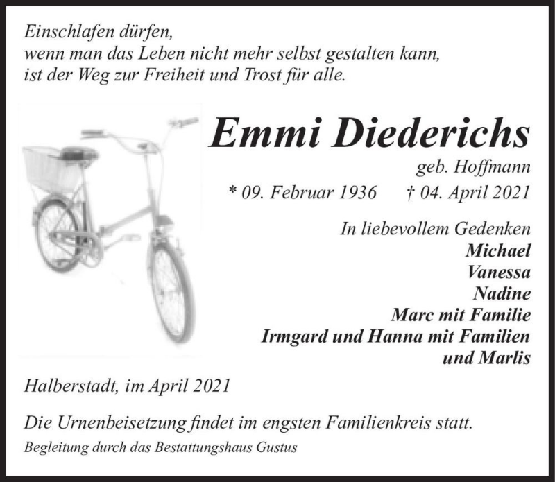  Traueranzeige für Emmi Diederichs  vom 10.04.2021 aus Magdeburger Volksstimme