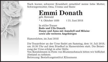 Traueranzeige von Emmi Donath (geb. Riewald)  von Magdeburger Volksstimme