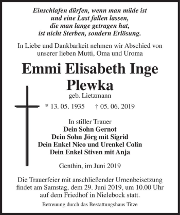 Traueranzeige von Emmi Elisabeth Inge Plewka (geb. Lietzmann)  von Magdeburger Volksstimme