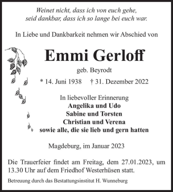 Traueranzeige von Emmi Gerloff (geb. Beyrodt)  von Magdeburger Volksstimme