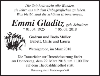 Traueranzeige von Emmi Gladitz (geb. Schwitzer)  von Magdeburger Volksstimme