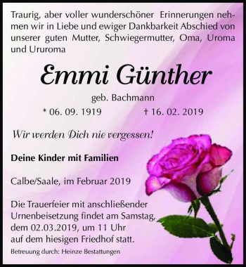 Traueranzeige von Emmi Günther (geb. Bachmann)  von Magdeburger Volksstimme