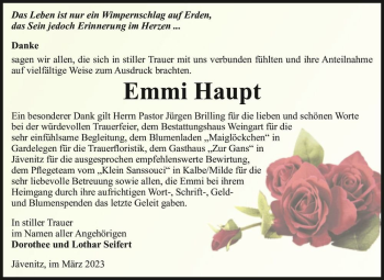 Traueranzeige von Emmi Haupt  von Magdeburger Volksstimme
