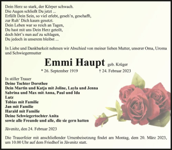 Traueranzeige von Emmi Haupt (geb. Krüger)  von Magdeburger Volksstimme