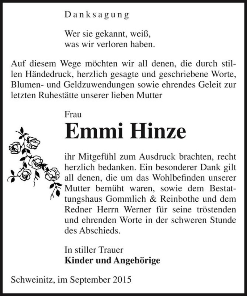  Traueranzeige für Emmi Hinze  vom 16.09.2015 aus Magdeburger Volksstimme