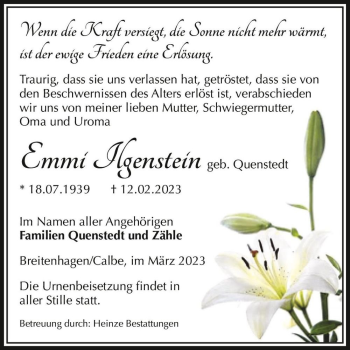 Traueranzeige von Emmi Ilgenstein (geb. Quenstedt)  von Magdeburger Volksstimme