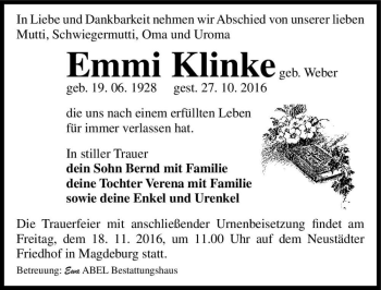 Traueranzeige von Emmi Klinke (geb. Weber)  von Magdeburger Volksstimme