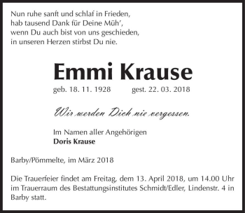 Traueranzeige von Emmi Krause  von Magdeburger Volksstimme