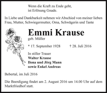 Traueranzeige von Emmi Krause (geb. Müller)  von Magdeburger Volksstimme