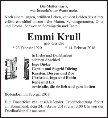 Traueranzeige von Emmi Krull (geb. Gericke)  von Magdeburger Volksstimme
