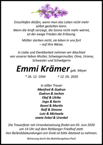 Traueranzeige von Emmi Krämer (geb. Meyer)  von Magdeburger Volksstimme