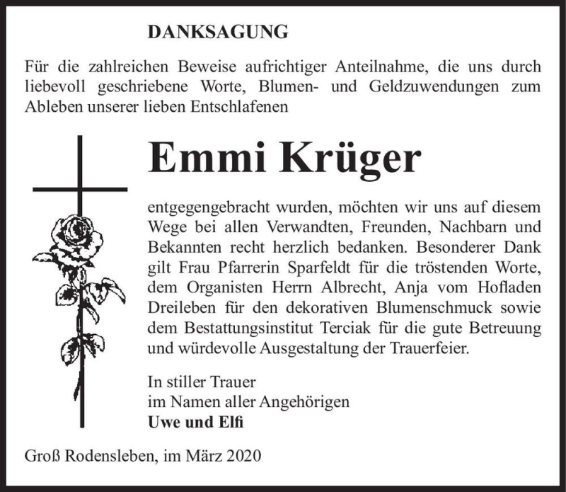  Traueranzeige für Emmi Krüger  vom 28.03.2020 aus Magdeburger Volksstimme